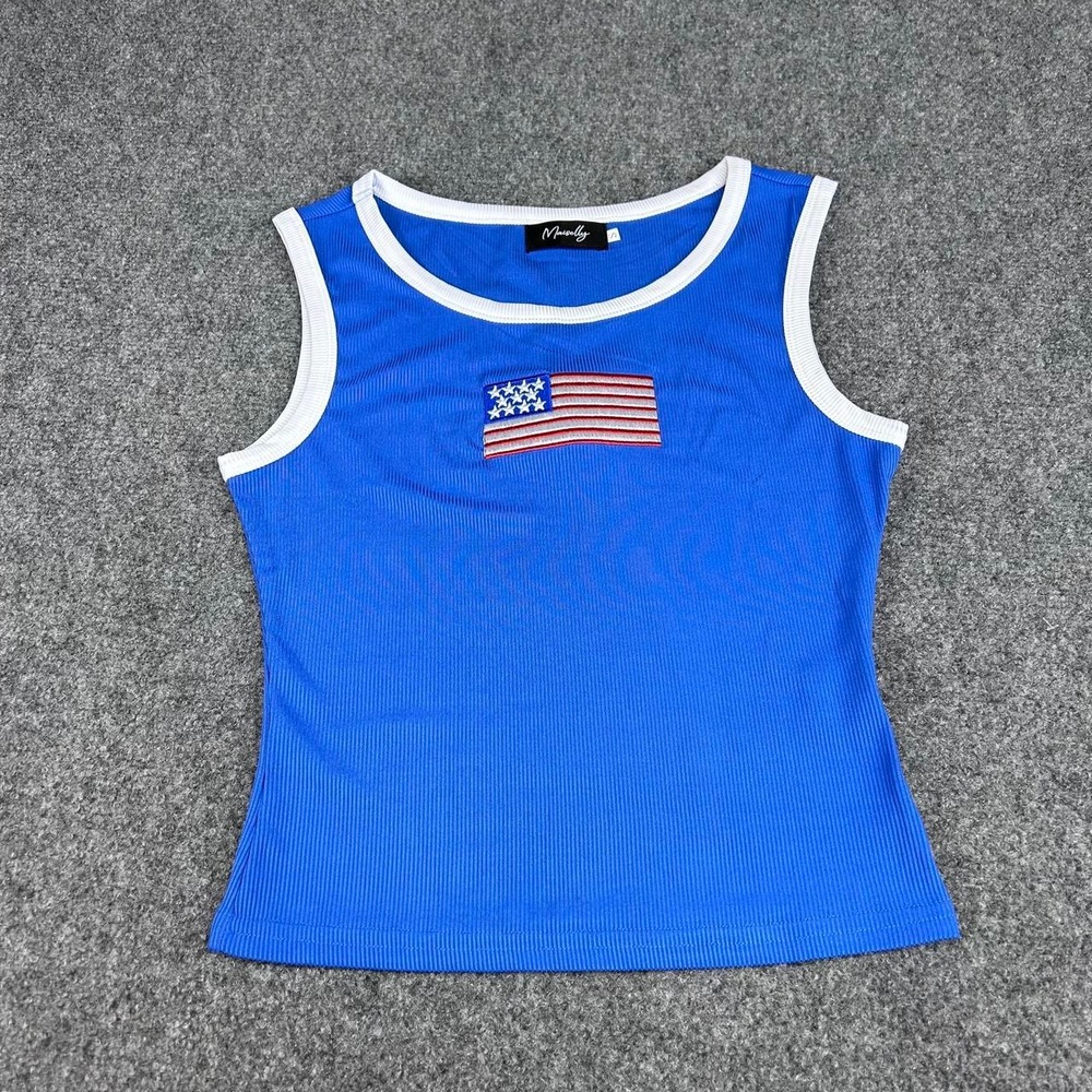 Maisolly blue ribbed tank top with embroidered American flag patch, size Small